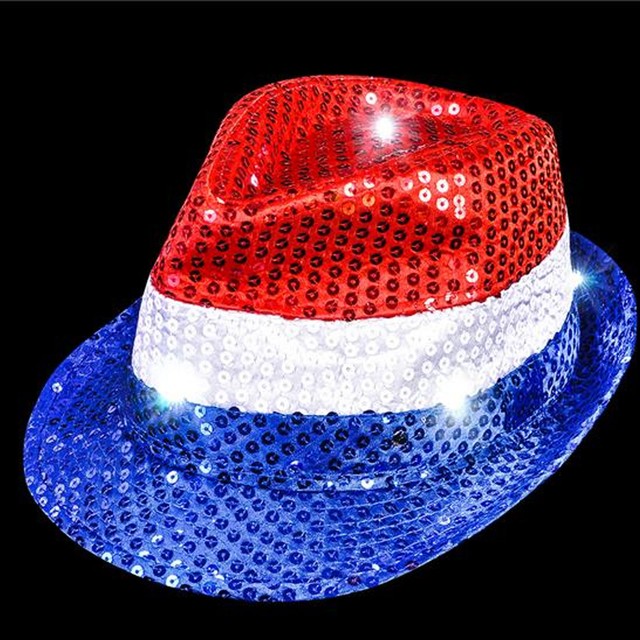 Light-up Fedora Hat Patriotic 4th of July LED Sequins Americana NEW