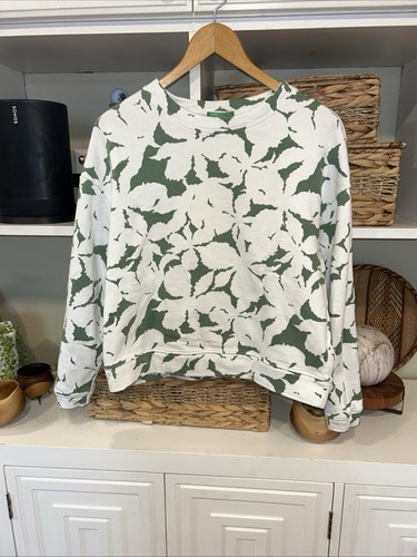 Women’s United Colors of Benetton Sweatshirt Pullover Flowers Green Cotton Sz XS