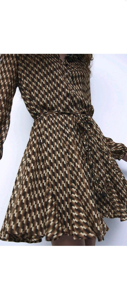 ZARA GEO PRINT Metallic GOLD THREAD VOLUMINOUS RUFFLE HEM SKATER DRESS - L - NEW - Image 2 of 4