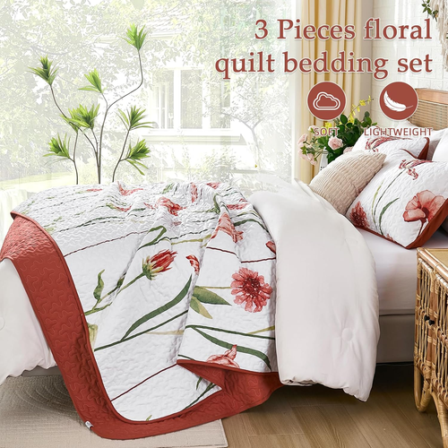 Rot Quilt Set Queen Size, Niedlich Rot Blumen Botanisch Tagesdecke Bettwäsche Set mit 2 - Bild 3 von 12