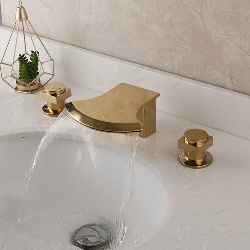 Waterfall Gold Bathroom Basin Sink Mixer Faucet 3PCS 2 Handles Deck Mounted Tap& - Picture 14 of 26