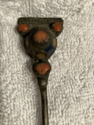 Rare Bedouin Gold Opium Spoon Polychrome Enamel And Coral Cabochons Old - Picture 3 of 11