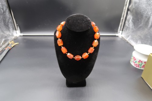 Vtg Carnelian Faceted Stone Bead Necklace Silver Tone Clasp Nice Weight - Picture 17 of 18
