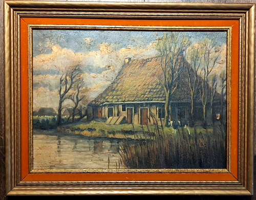 Vintage Sjoerd? Visser Signed Oil on Board Painting Dutch Farmhouse Framed 24x18 - Picture 1 of 4