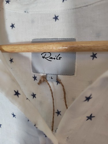 Rails UK Shirt Blouse Top Womens L 12 Sydney White Blue Stars Linen Rayon Summer - Picture 4 of 12
