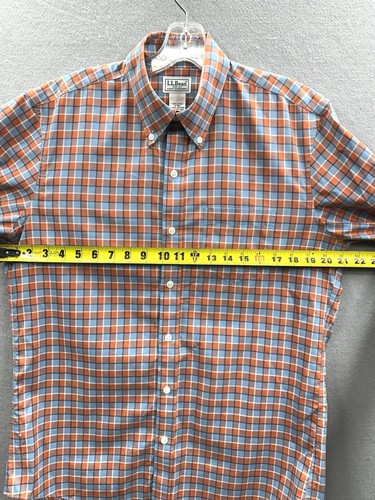 Camisa de frijoles usada en excelente estado LL para hombre talla M a cuadros con botones calce ajustado sin arrugas naranja azul - Imagen 5 de 6
