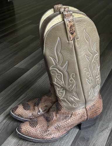 Snakeskin Men’s Hondo Western Cowboy Boots Sz 8.5 Brown Beige - Picture 2 of 12