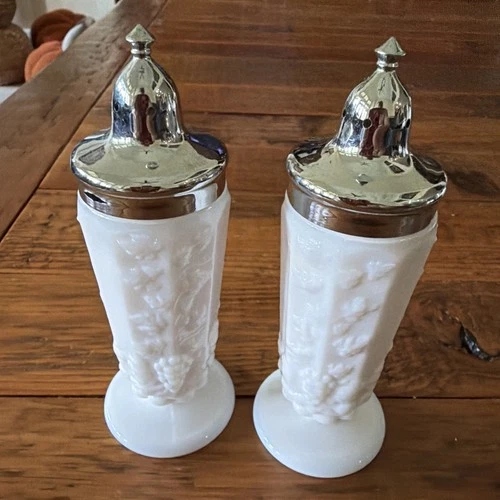 Vintage Westmoreland Milk Glass Paneled Grape Footed Salt & Pepper Shakers
