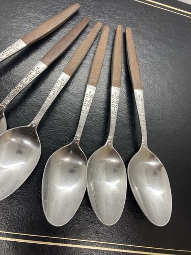 Lot Of 6 Interpur Stainless Brown Synthetic Wood Table SPOON Handle MCM - Picture 4 of 9