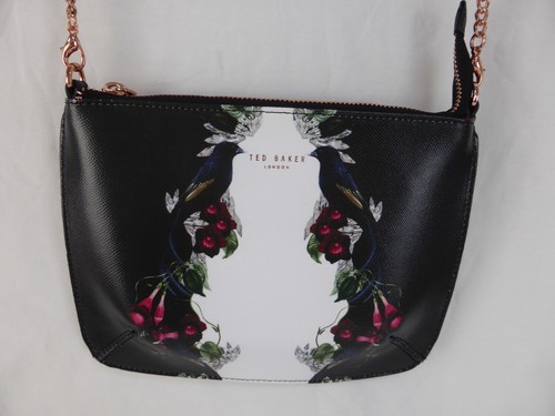 Ted Baker Evra Tasche Umhängetasche Leder Rosegold Kette schwarz weiß Blumen Vögel