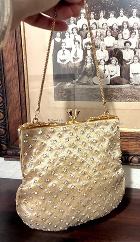 VTG WALBORG GOLD Lame' RHINESTONE Kiss Closure PURSE HANDBAG - Bild 5 von 12