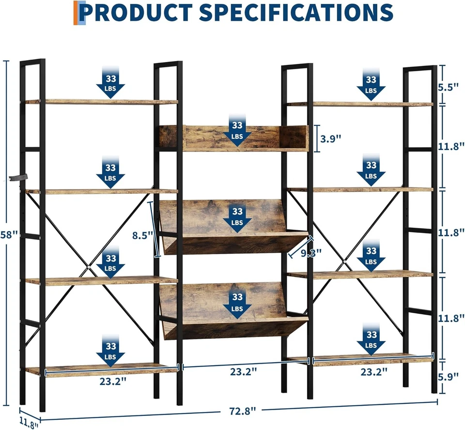 4-Tier Industrial Bookcase,Triple Wide Storage Bookshelf with Adjustable Shelves - Image 3 of 4