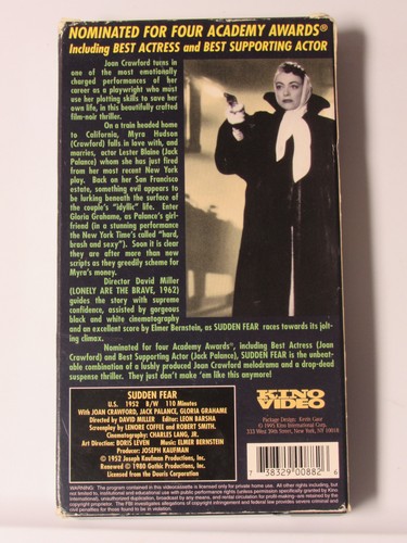Sudden Fear VHS 1952 Film Noir, Joan Crawford Jack Palance KINO video tape FREE - Picture 2 of 3