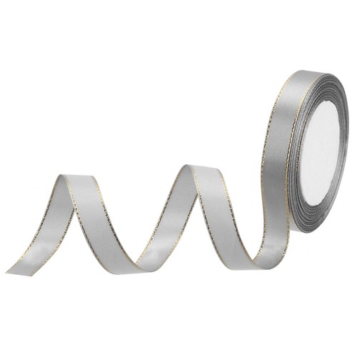 0.6" 25 Yard Wide Satin Ribbon with Gold Edges Grosgrain Ribbon, Grey - Picture 1 of 7