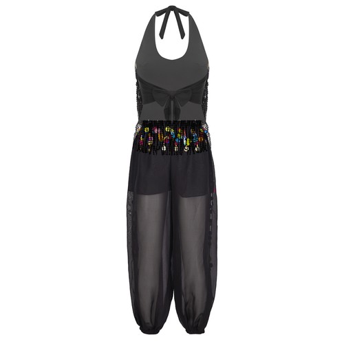 Damen Bauchtanz glänzend Outfit Schnürung Neckholder Pailletten Quaste Crop Top und Harem  - Bild 23 von 64