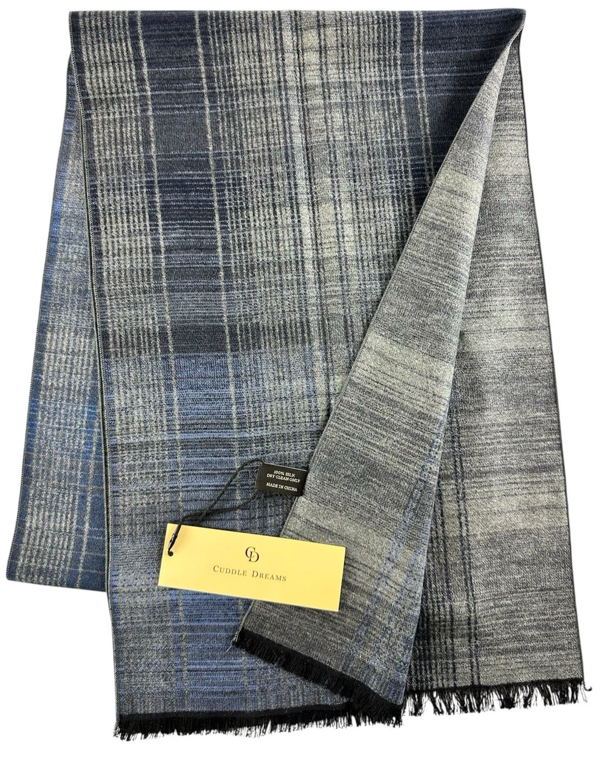 Cuddle Dreams LUXE 100% Mulberry SILK Men's Scarf 71x12 Fine Grid Blue SOFT $86