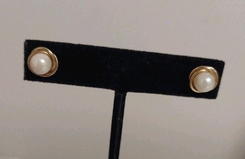 Vintage 14k 585 Yellow Gold Pearl Stud Pierced Earrings Jewelry 1.6g