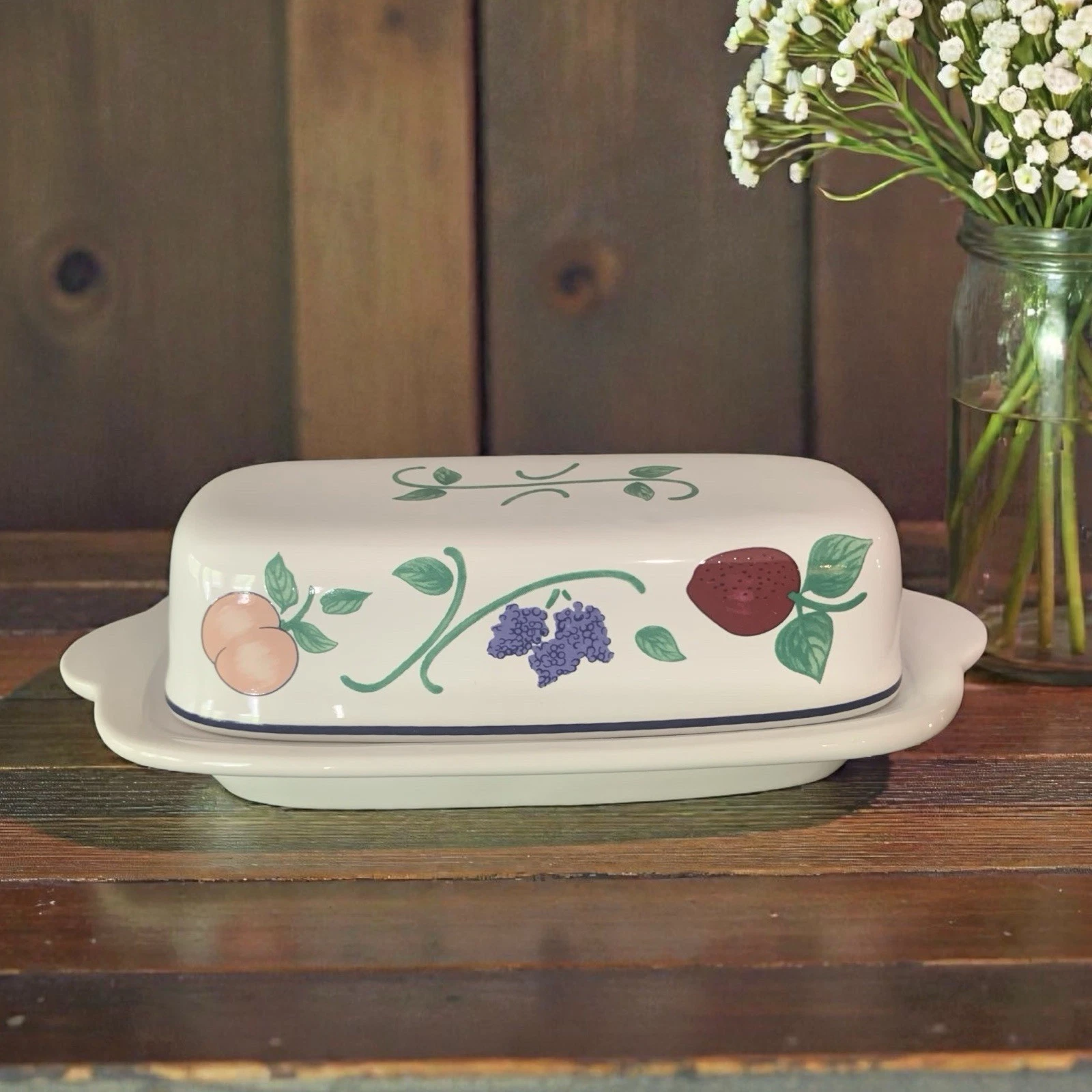 A Princess House Exclusive Orchard Medley Fruit Pattern Butter Dish Collectible