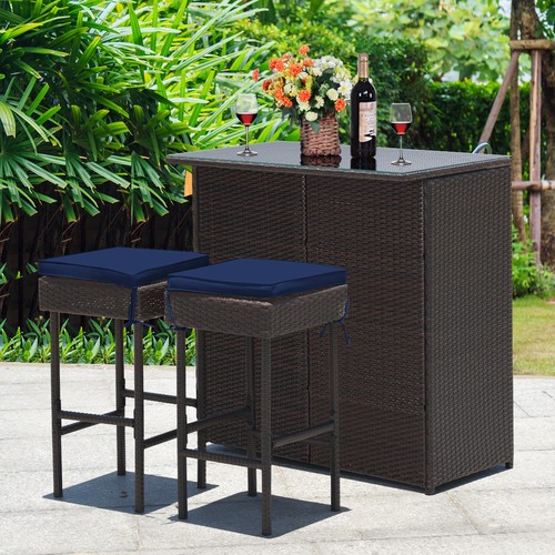 Patio 3PCS Rattan Bar Table Stool Set Cushioned Chairs w/Navy & Off White Cover - Picture 2 of 11