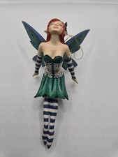 VINTAGE ELFIN GIRL DRAGONFLY FAIRY ORNAMENT RED HAIR, GREEN WHITE STOCKINGS