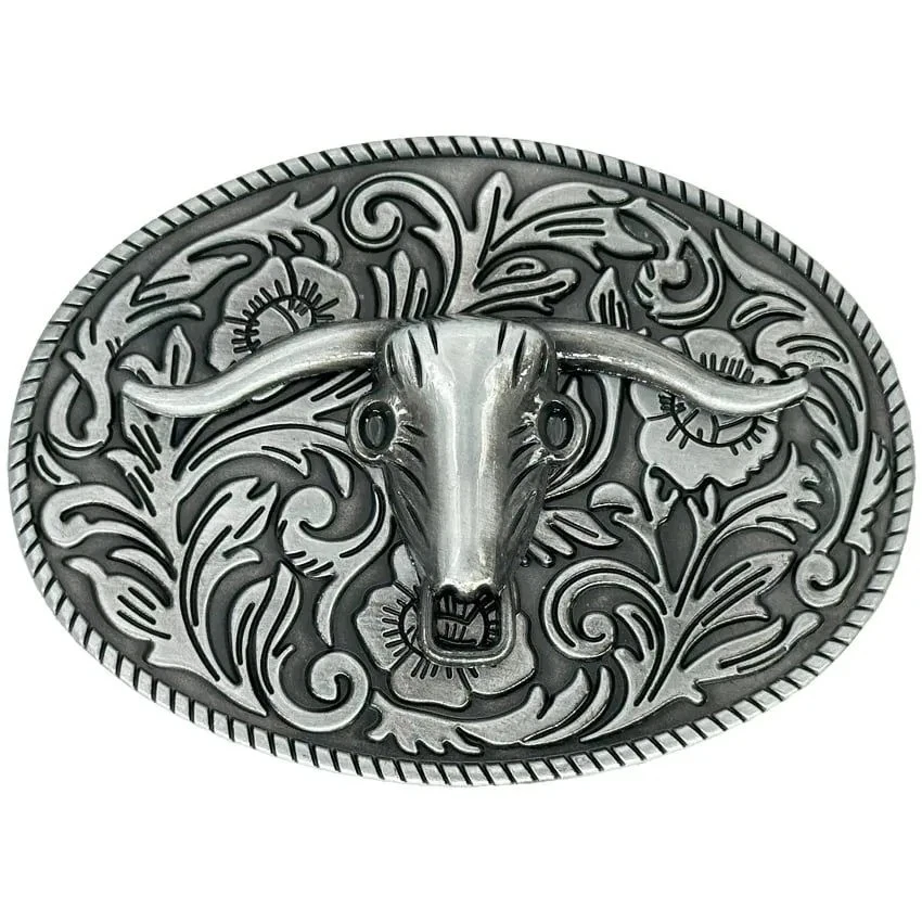 Fibbia Per Cintura Da Cowboy In Metallo Argento Moda Western Ovali Longhorns - Immagine 3 di 4