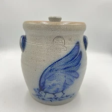 Rowe Pottery Works 1987 Lidded Crock Blue Rooster Design Stoneware Wisconsin USA