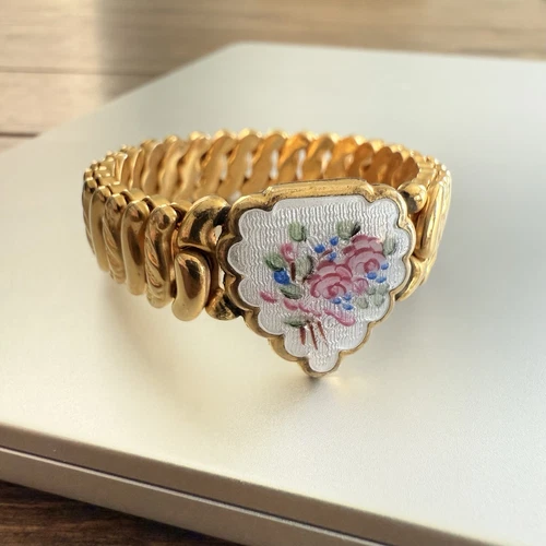 La Mode Guilloche 12K GF Sweetheart Locket Expansion Bracelet 1930’s Vintage