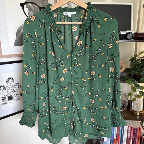 Blusa floral verde manga larga con volantes talla L DR2 para mujer - Imagen 2 de 8