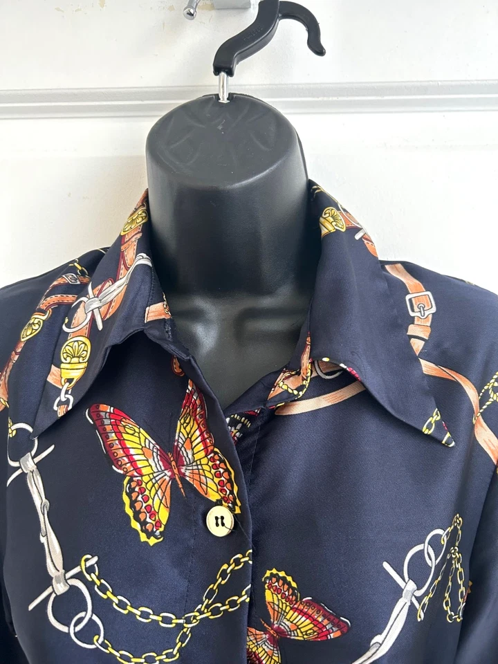 Zara Midi подпоясанный платье рубашка платье бабочка цепочка напечатано темно-синий XS старые деньги - Изображение 2 из 4