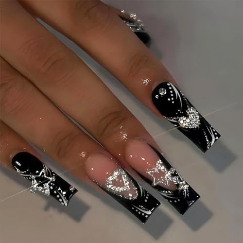 Long Press on Nails Black French Tip Long Fake Nails Coffin Press on Nails - Picture 1 of 6