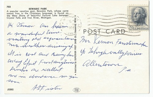 Postal vintage Bewabic Park Fortune Lake between Crystal Falls Iron River - Imagen 2 de 2