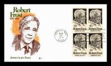 POET ROBERT FROST  1974 STAMP BLOCK covercraft CACHET FDC +info card unaddr
