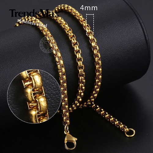 Collar de cadena de caja redonda de acero inoxidable chapado en oro de 24" de 4 mm joyería unisex regalo - Imagen 2 de 6