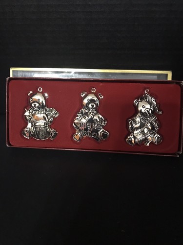 Gorham Silverplate Christmas Ornaments Set 3 Teddy Bears 2 5/8” With Red Ribbon - Picture 1 of 7
