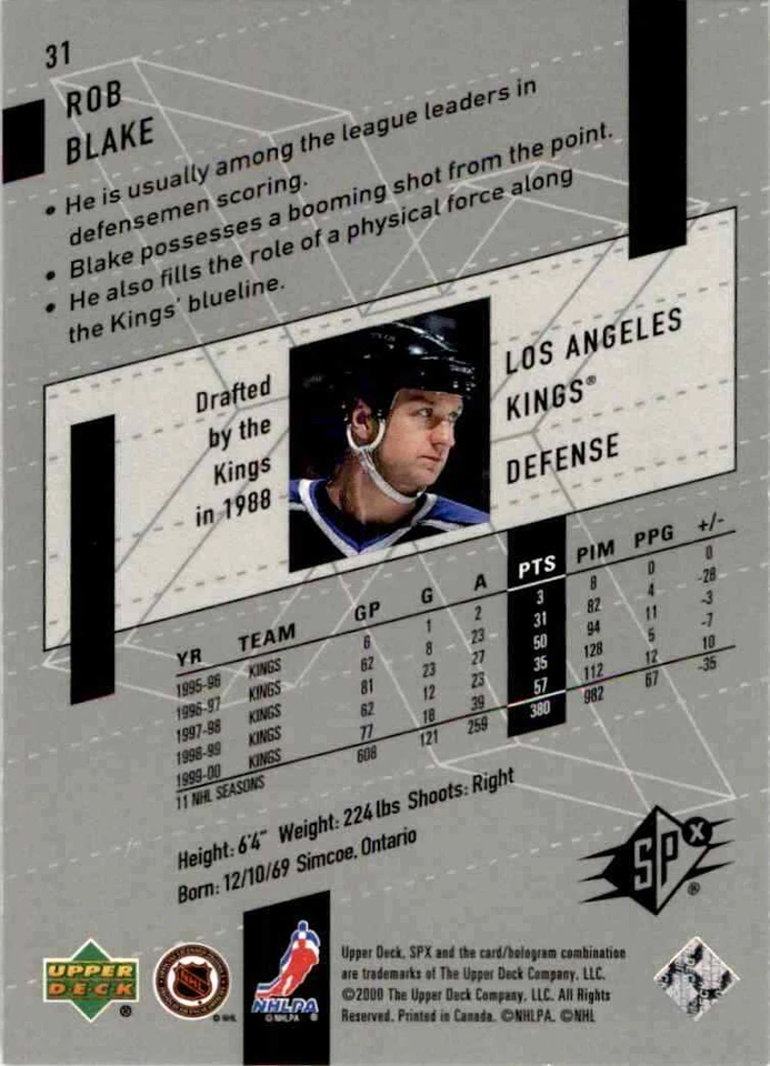 2000-01 Upper Deck SPx Rob Blake #31 - Image 2 of 2