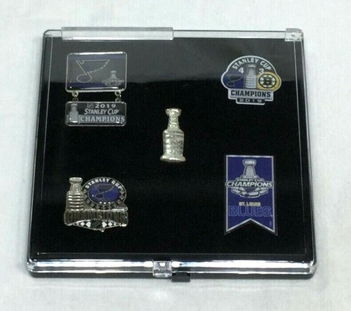 St Louis Blues 2019 NHL Stanley Cup Finals World Champions 5 Pin Set Case Trophy - Picture 2 of 2