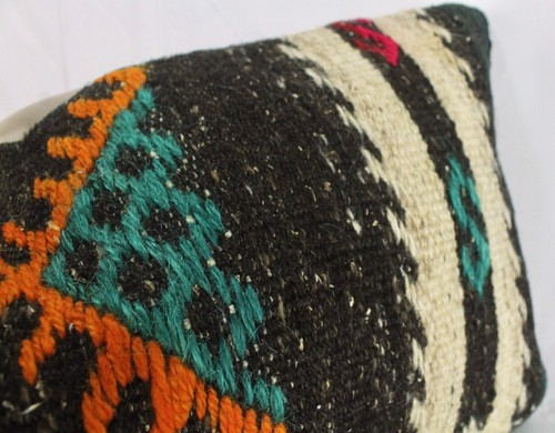 Brown Decorative Turkish Kilim Lumbar Pillow Cover 12x24 Blue Red Kilim Cushion - Picture 8 of 9