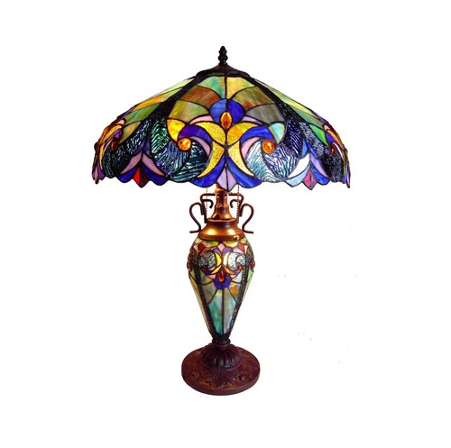 Victorian Stained Glass Table Desk Lamp Tiffany Style Double Lit - Picture 2 of 2