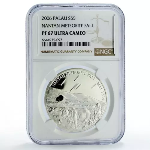 Palau 5 dollars Meteorites Fall Nantan Bulls Space PF67 NGC silver coin 2006
