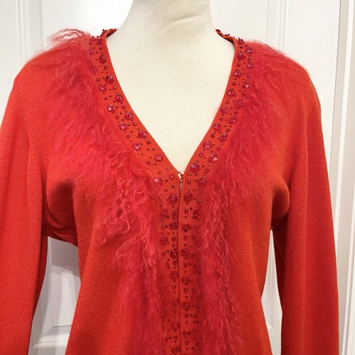 ESCADA Red Boa Trim Jeweled Sweater- Cashmere, Wool, Silk Blend- EUR44 - Picture 4 of 13