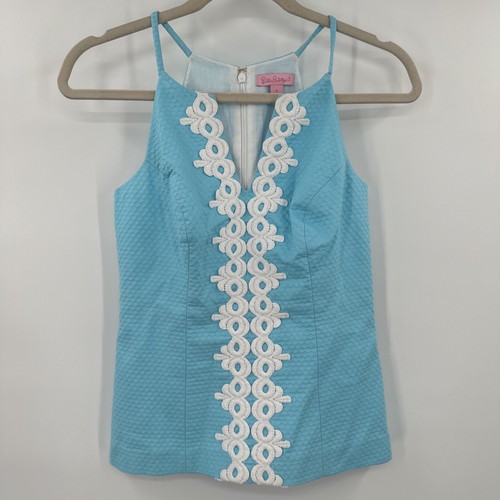 Camiseta sin mangas Lilly Pulitzer Magnolia Annabelle azul bordado textura cremallera talla 0 - Imagen 1 de 3