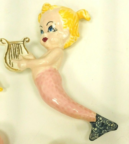 1950s 60s MCM 4 Mermaid Figurines Wall Cherubs Pink Kitschy Pin Ups Bathroom - Picture 4 of 11
