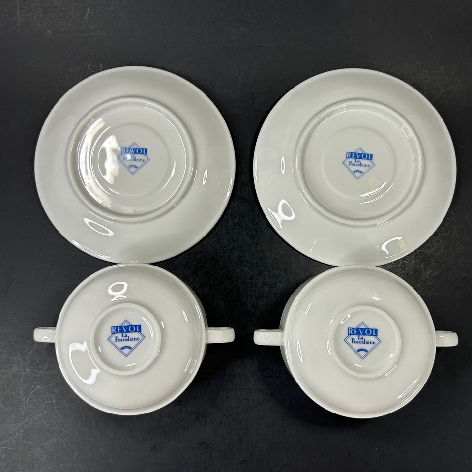 Revol La Porcelaine France Cream Soup Bowls with Underplates in White
