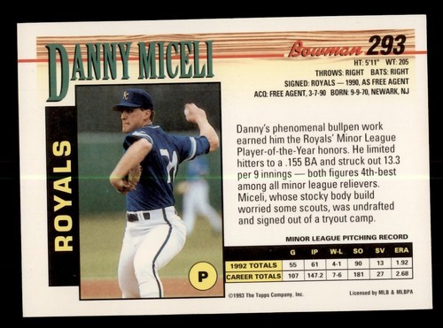 SIGNED 1993 BOWMAN #293 DANNY MICELI AUTOGRAPH KANSAS CITY ROYALS - Picture 2 of 2