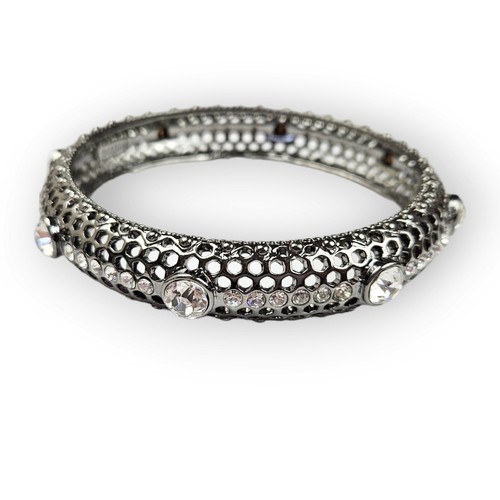 Rhinestone Bangle Bracelet Chunky Perforated Dark Silver Tone Curved ~9" Around - Picture 3 of 12