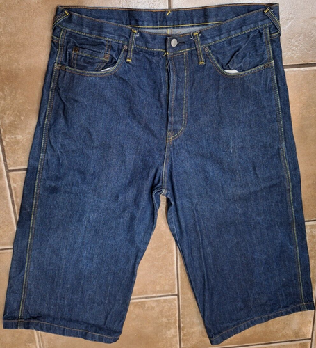 Vintage EVISU Genes Denim Button Fly Blue/Grey Jean Shorts Long Baggy Size 38 - 第 6/9 張圖片