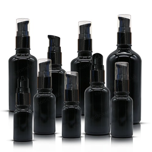 SCHWARZE GLASFLASCHE mit SCHWARZER LOTION Pumpe für Seren Cremes Öle Desinfektionsmittel NEU - Bild 2 von 7