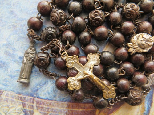 1800s Antique Dk Brown Wood Beads Rosary-Mini Statue/Sliding Bell/Rose Medal - Photo 3 sur 12