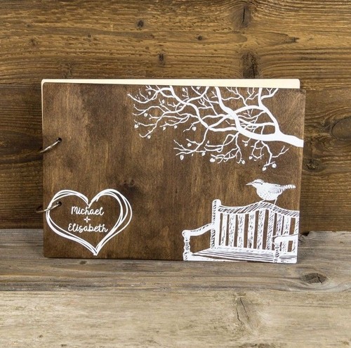 UV Printed Personalized Wooden Wedding Guest Book, Rustic, Bench - Picture 1 of 10