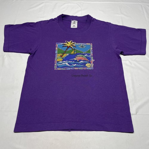 Vintage 90s Single Stitch T-Shirt Boys Large Beach Sun Ocean Art Purple Fish USA - Picture 2 of 8